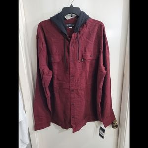 Red flannel with black attached hoodie.